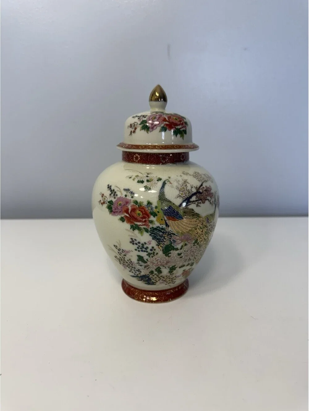 VTG Japanese SATSUMA Ginger Jar w/Lid Peacock Cherry Blossom Peony Gold Gilding
